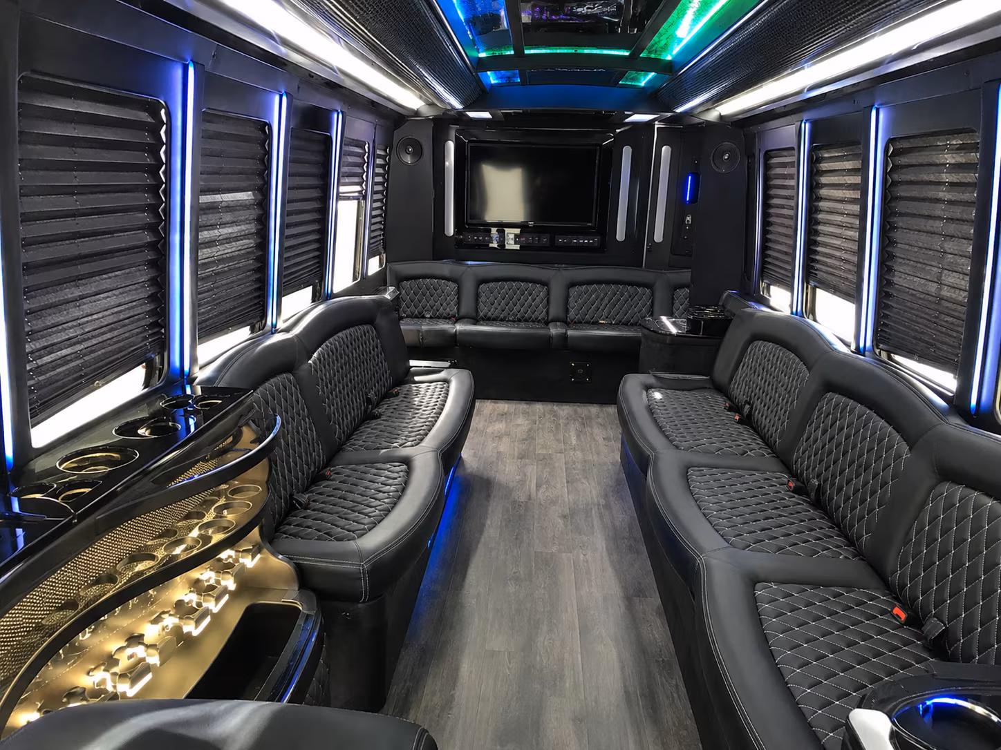 Interior of a party bus rental serving Chesapeake